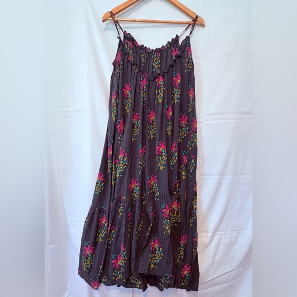 Anthropologie S Midi/Maxi Dress Black Pink Yellow Floral Design Spaghetti Straps - Picture 8 of 9
